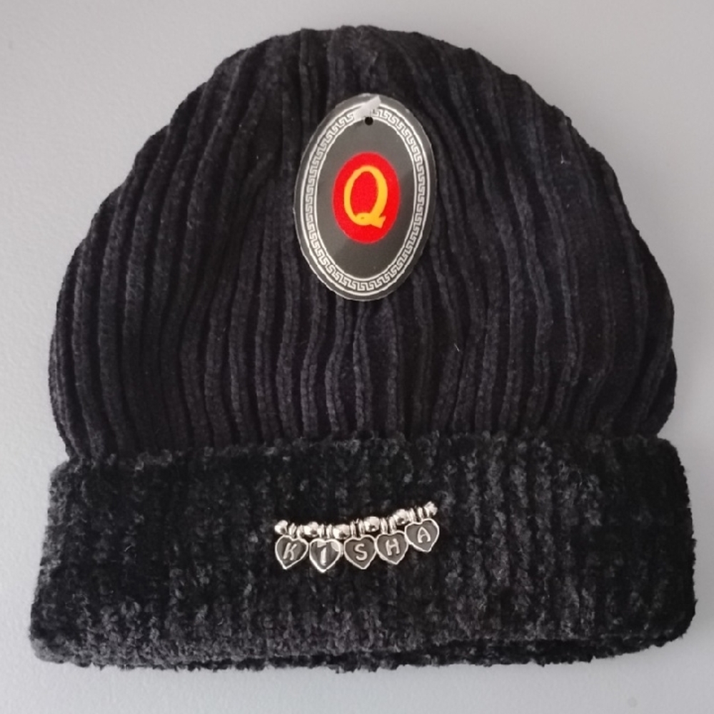 KISHA Black Knit Beanie with Silver Monogram Heart Charms